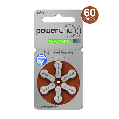 60 PowerOne Hearing Aid Batteries Size 312 MERCURY FREE, PR41 Brown Tab